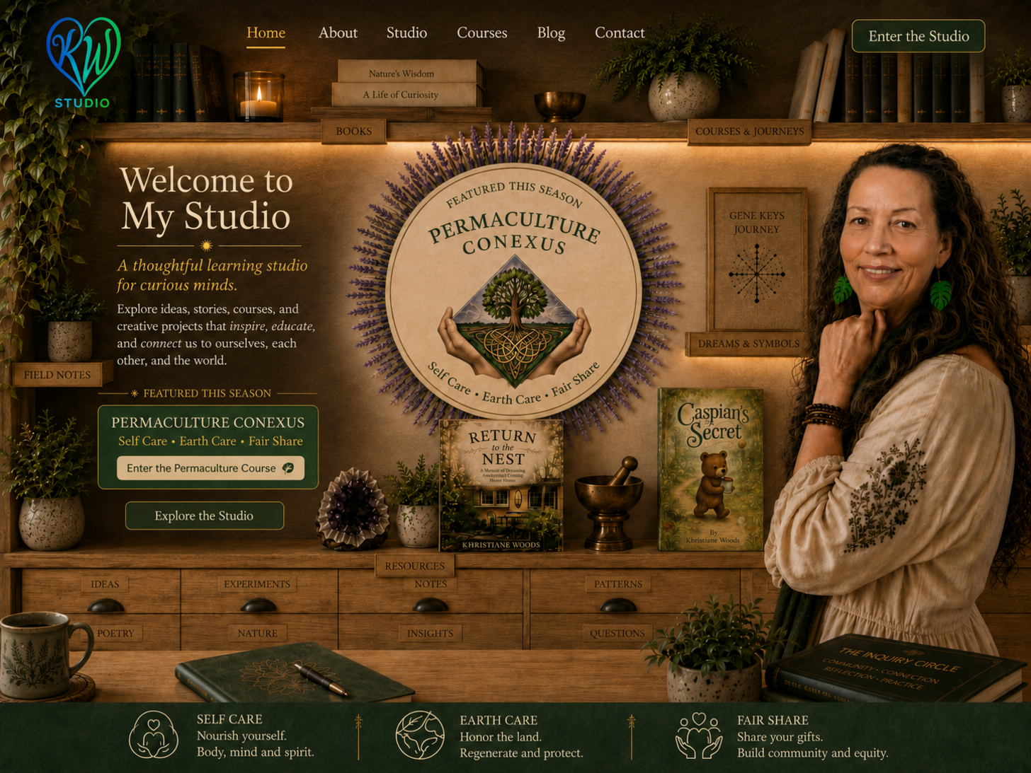 Khristiane Woods in her cabinet of curiosities studio. Permaculture Conexus is featured at the centre, surrounded by books, field notes, resources, nature, ideas, experiments, patterns, and the three pathways of Self Care, Earth Care, and Fair Share.