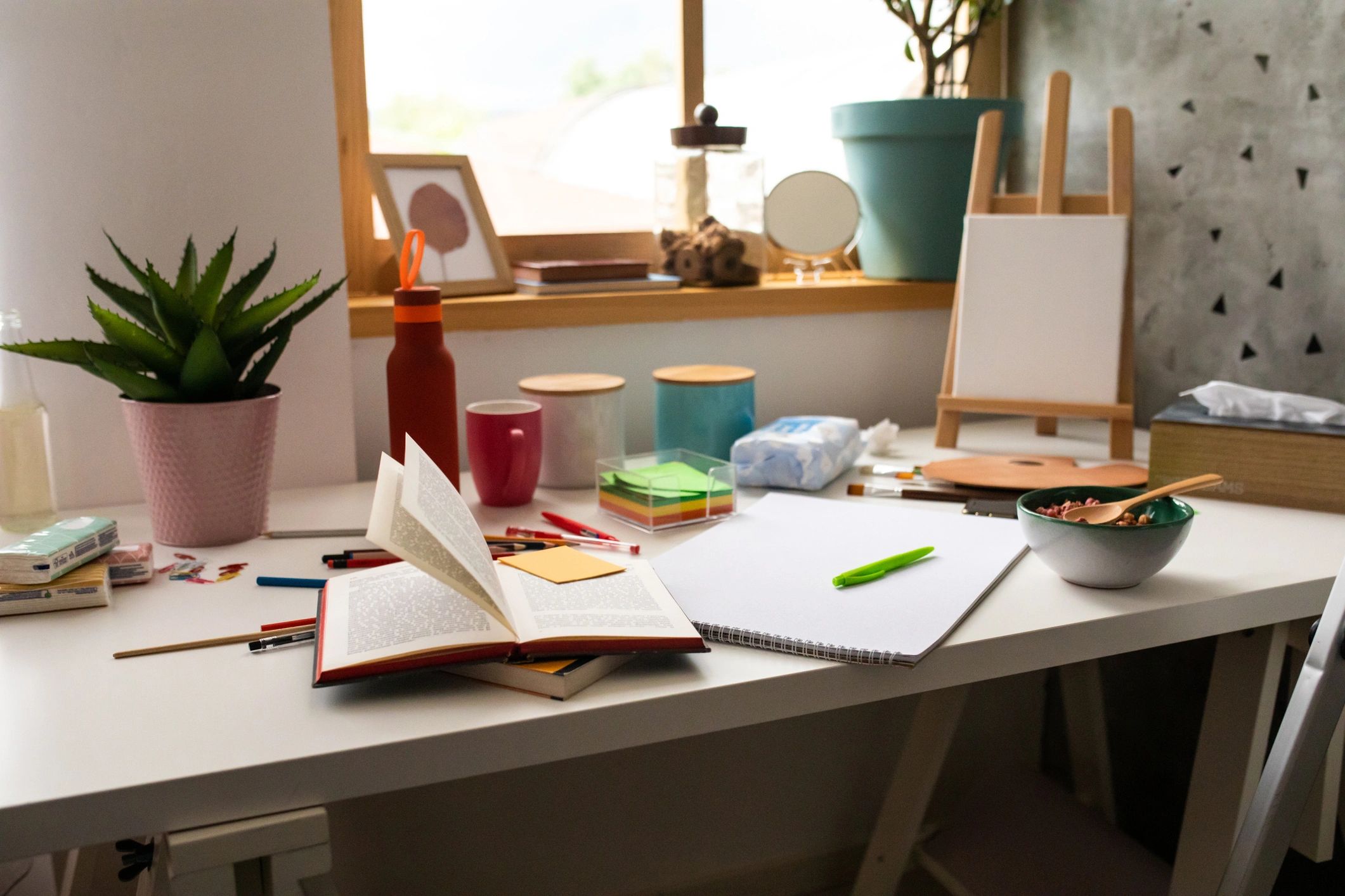 Thoughtful home learning workspace with books and study materials